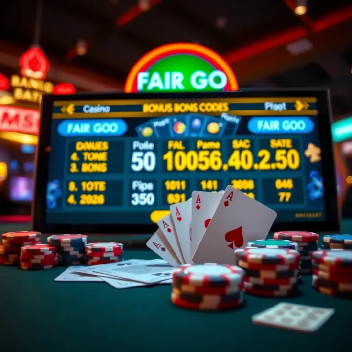 Casino bonus codes displayed on a digital screen with poker chips and cards