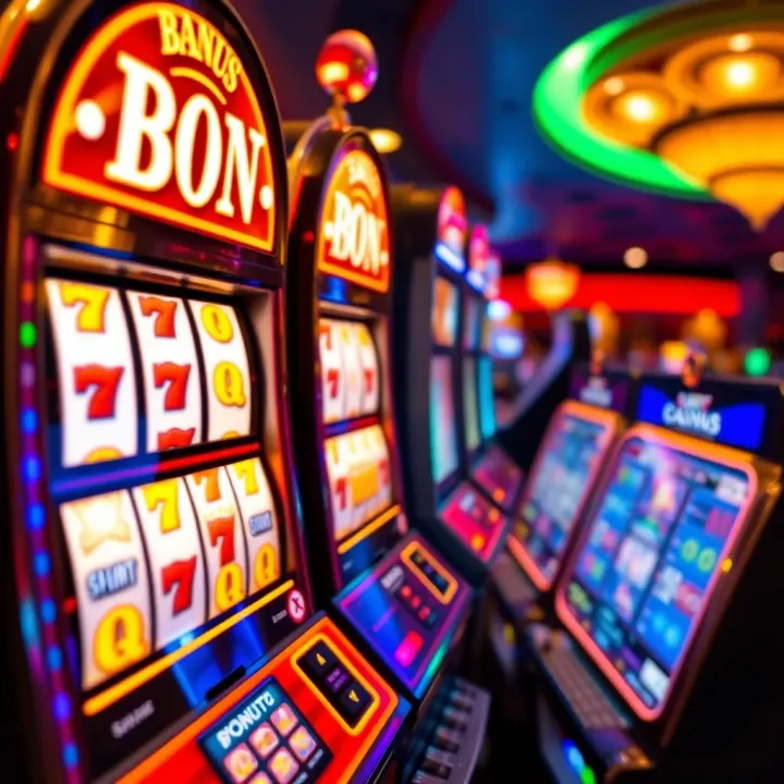 Bright casino slot machine with colorful lights and spinning reels