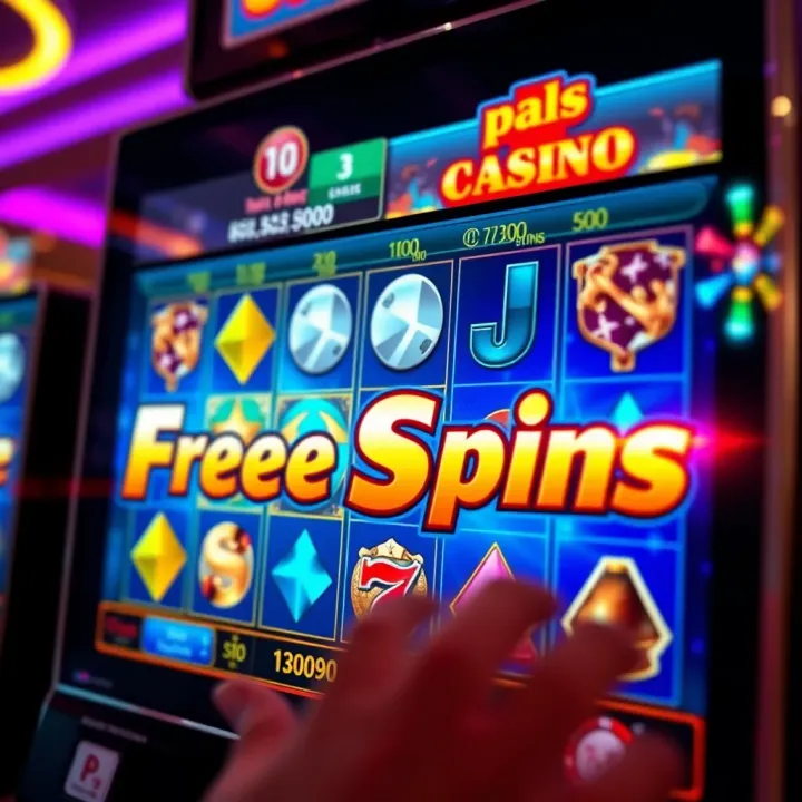 A vibrant slot machine screen highlighting free spins and bonus rewards at an online casino