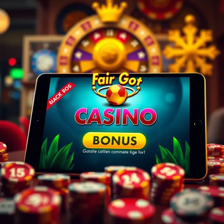 Illustration of a casino bonus offer displayed on a digital device with casino symbols around
