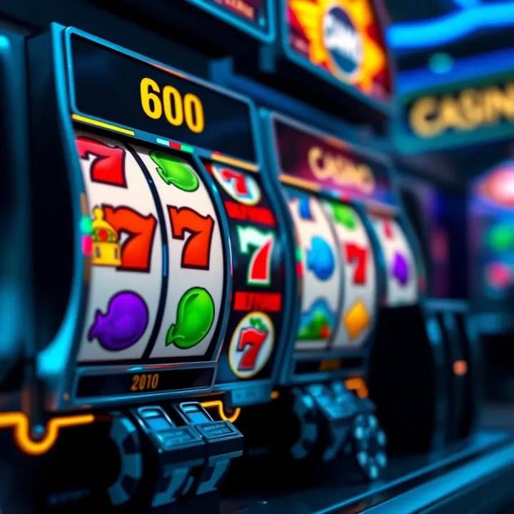 Slot machine reels displaying various colorful symbols with a casino chip nearby