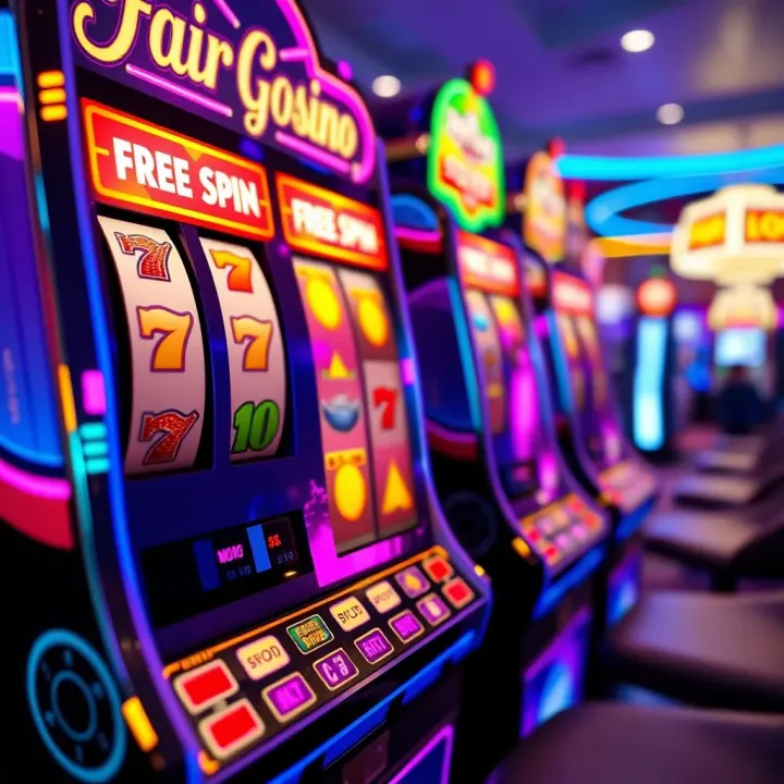 Colorful casino slot machine with vibrant spinning reels showing winning symbols