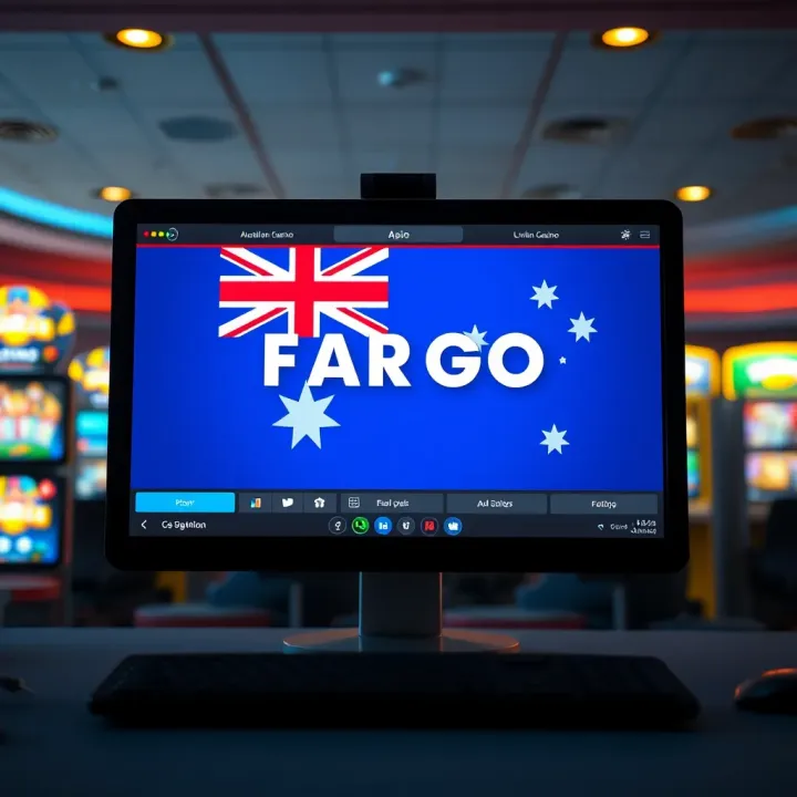 Illustration of a computer screen displaying an online casino platform with Australian flag elements
