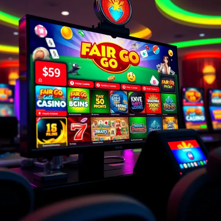 Colorful online casino interface with various slot games and poker options on screen