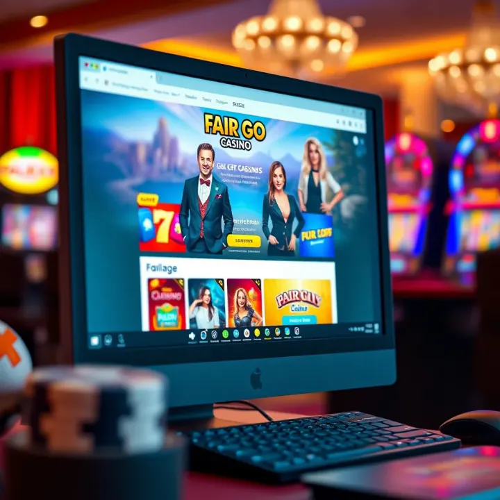 Desktop computer displaying the Fair Go Casino homepage with casino games visible