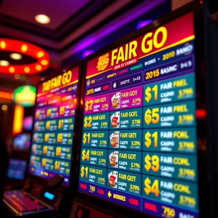 Colorful Fair Go Casino promotional codes with bonuses highlighted on a digital screen