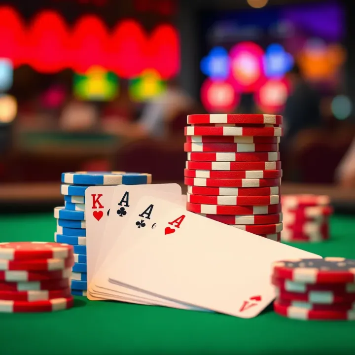 Colorful casino chips stacked with playing cards on a green felt table