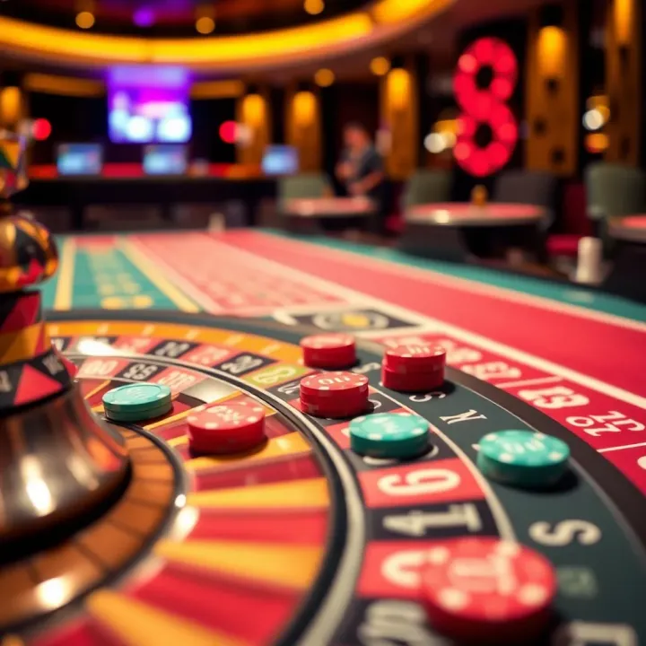 Close-up of roulette betting table showing chips placed on various number and color options