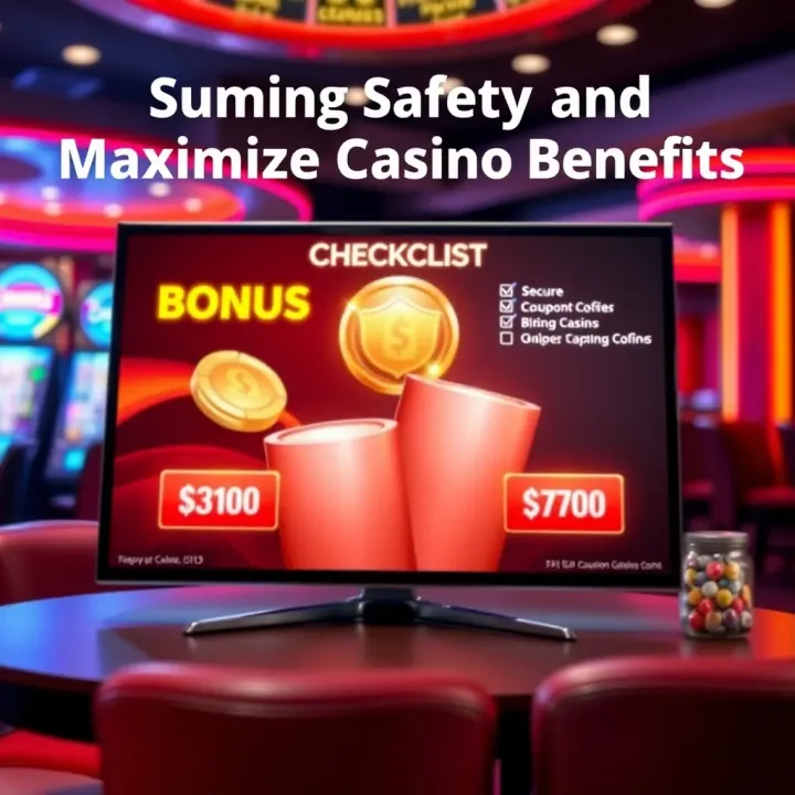 Graphic showing a secure online casino platform with bonus icons and a checklist