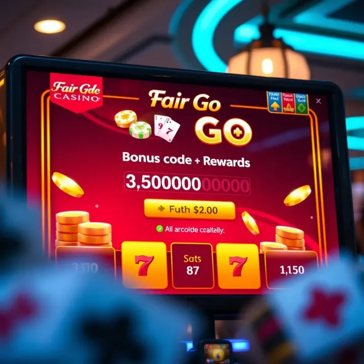 Fair Go Casino Bonus Code Entry and Rewards Display Illustration of a digital casino interface displaying bonus code input and rewards