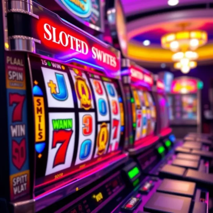 Colorful casino slot machine reels with winning symbols and bright lights