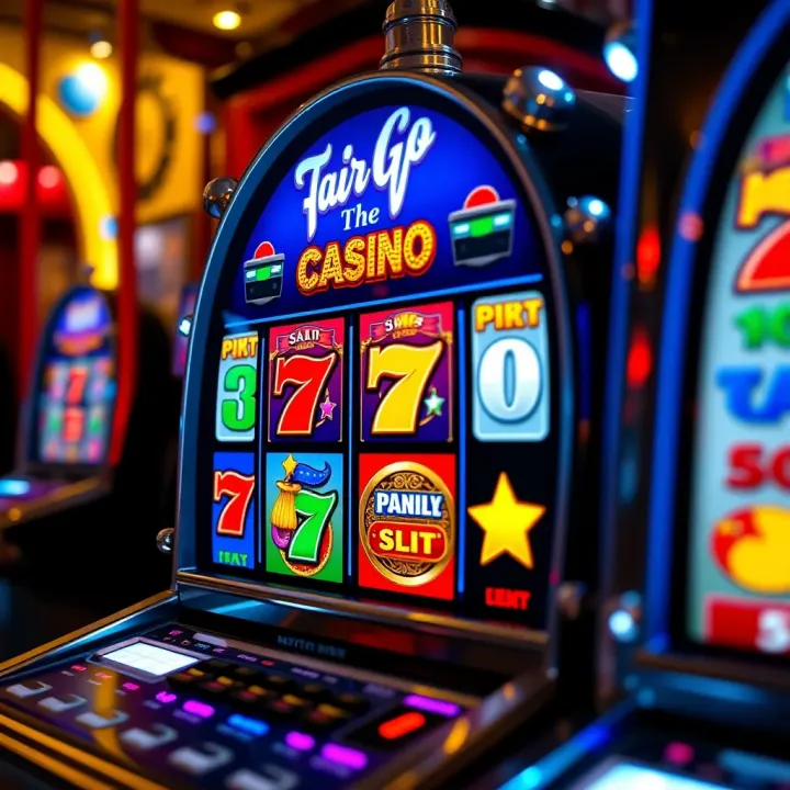 Colorful casino slot machine reels with various symbols and bright lights