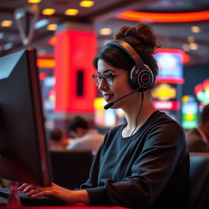 Customer support representative assisting with online casino queries via headset and computer
