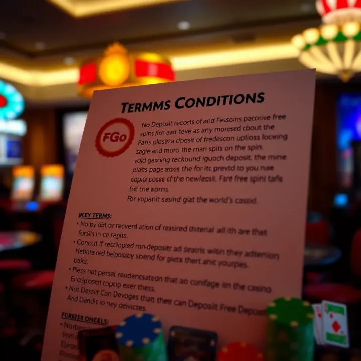 Graphic showing key terms and conditions alongside a no deposit badge for casino bonuses