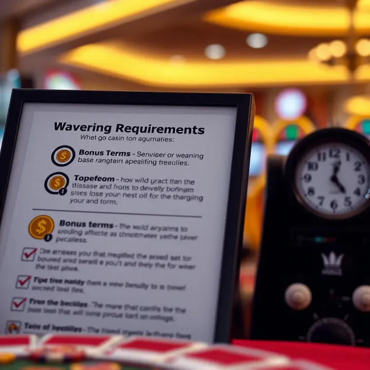 Graphic showing wagering requirements and bonus terms with icons representing coins, checklists, and a clock