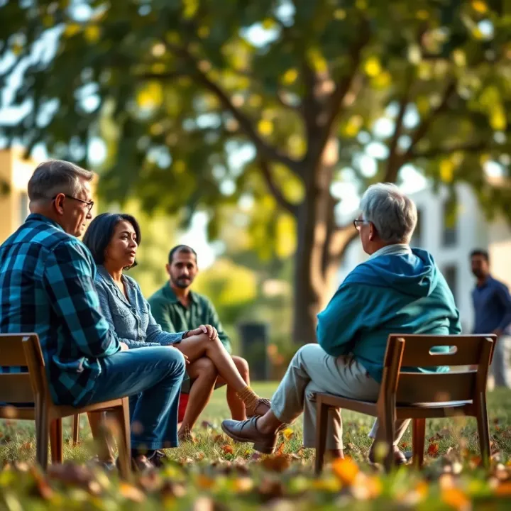 Community Dialogue Reflecting the Spirit of a Fair Go Community members engaged in a discussion outdoors emphasizing fairness and opportunity