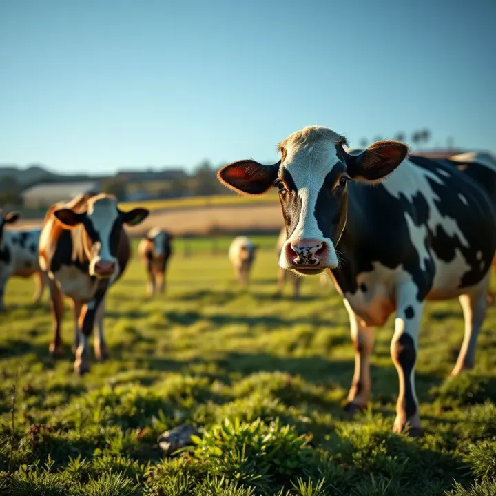 A scenic Australian dairy farm with cows grazing on green pasture under a clear sky