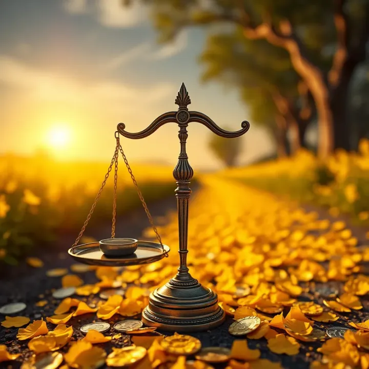 Illustration of a balanced scale representing fairness and equality alongside the yellow brick road
