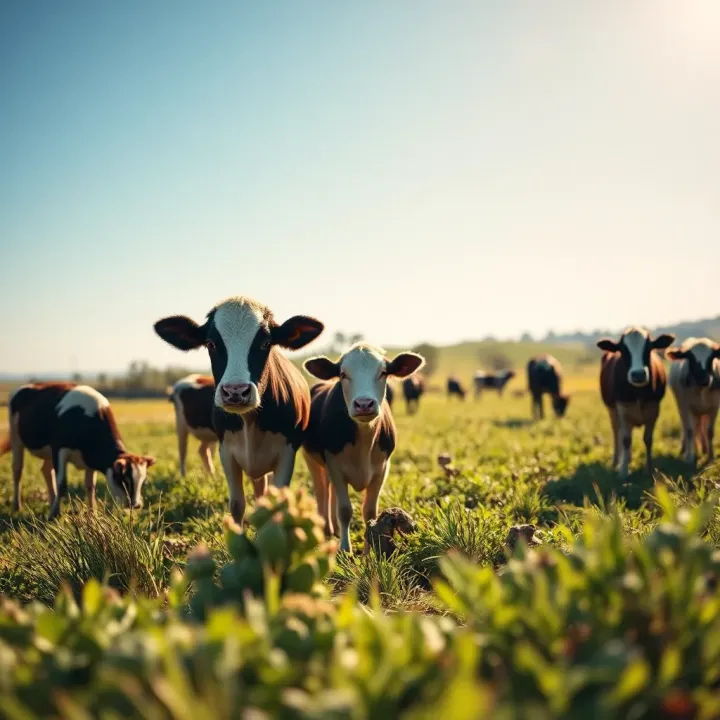 Farm animals grazing in a lush green field under clear blue sky