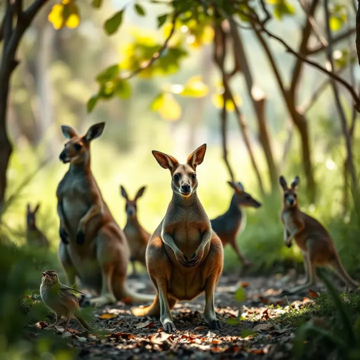 Native Australian wildlife such as kangaroos and birds in natural habitat