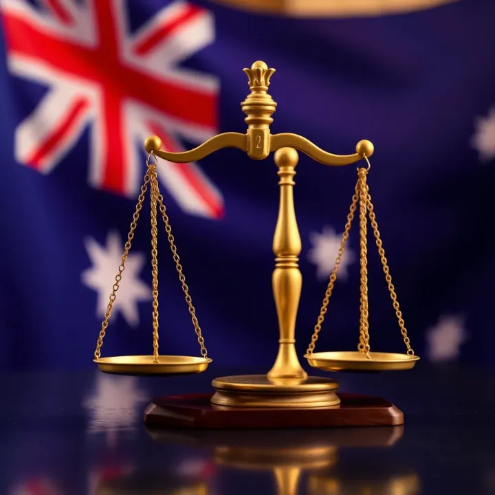 Legal scales symbolizing equity and justice with an Australian flag in the background