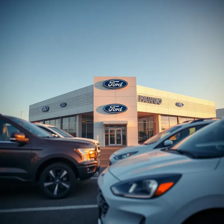 Ford dealership showcasing a range of new vehicles under clear sky