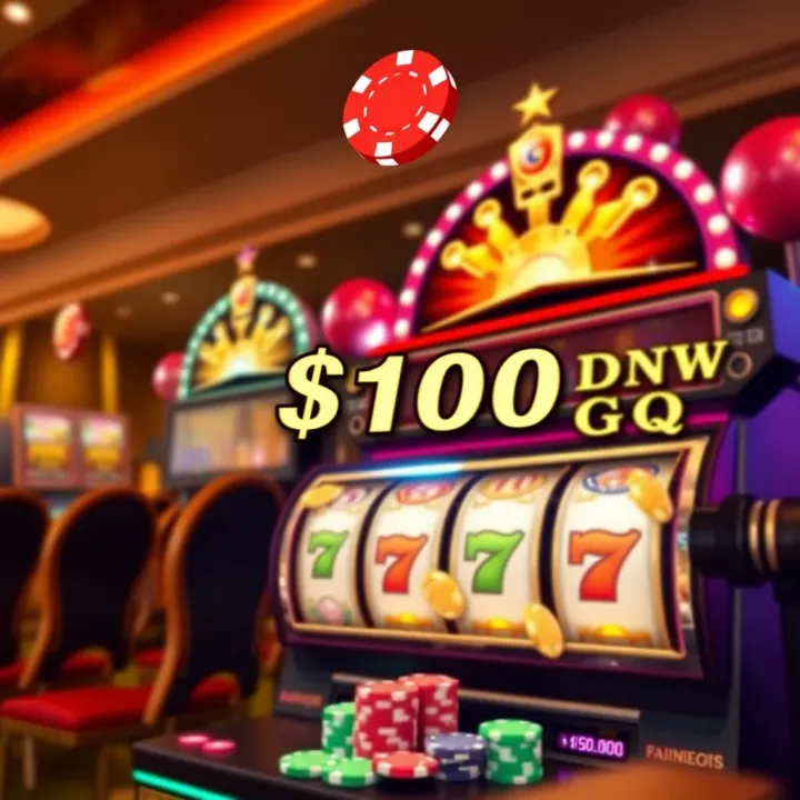 Online casino promotional banner showcasing a vibrant slot machine and chips with a highlighted free chip offer
