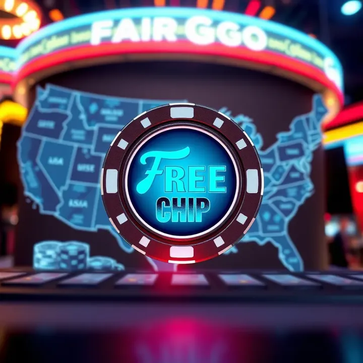 Graphic illustrating a digital casino chip with a glowing free offer tag against a backdrop of US map highlighting online gaming