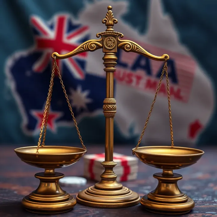 Balanced Scales Representing Fairness in Australian Culture Symbolic representation of fairness and justice with scales balanced against an Australian backdrop
