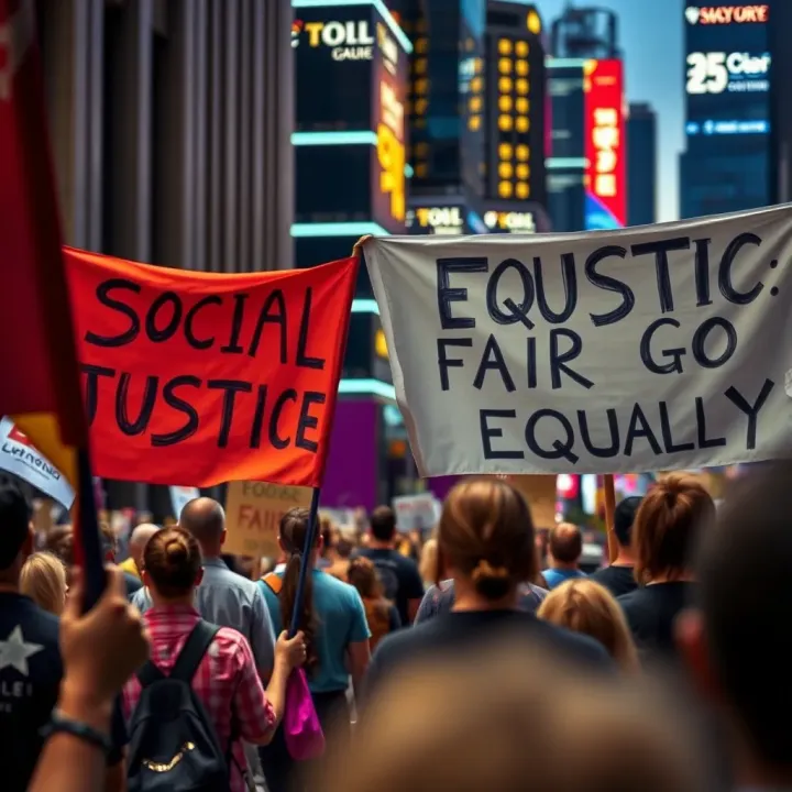 Protesters holding banners advocating for social justice and equality in an Australian city rally