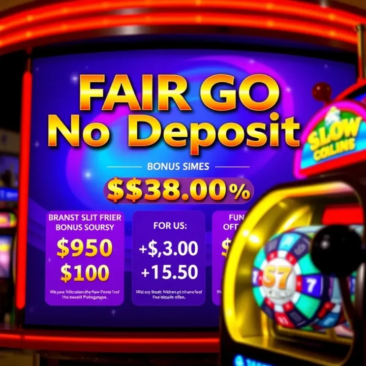 Fair Go No Deposit Bonus Offer Overview A vibrant casino interface showcasing bonus offer details with glowing chips and a spinning slot machine