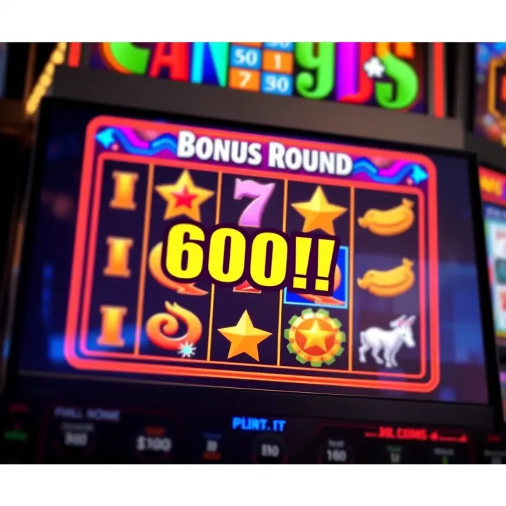 Colorful digital slot machine screen showing bonus round activation