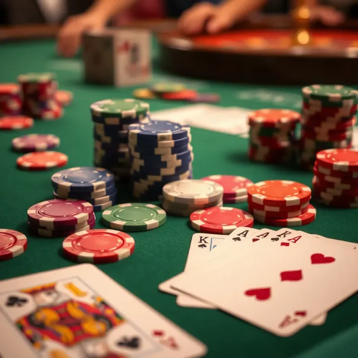 Collection of casino chips and playing cards on a green felt table