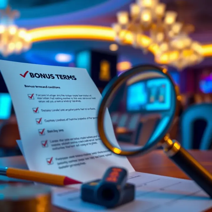 Graphic showcasing a checklist and magnifying glass symbolizing careful review of bonus terms and conditions