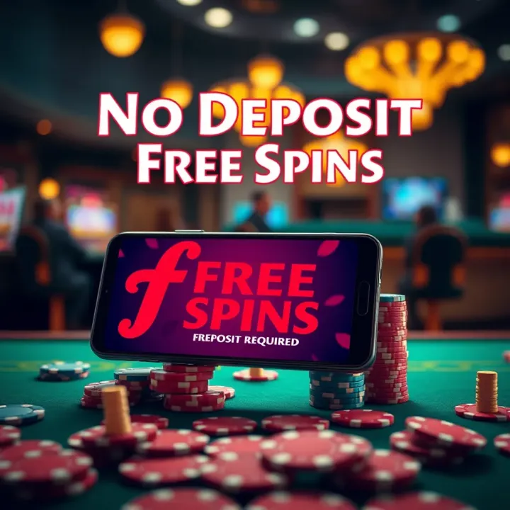 Graphic showing casino chips and a mobile device highlighting no deposit required offer
