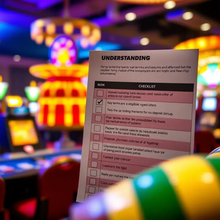 Checklist highlighting key terms and eligibility criteria for a no deposit casino bonus