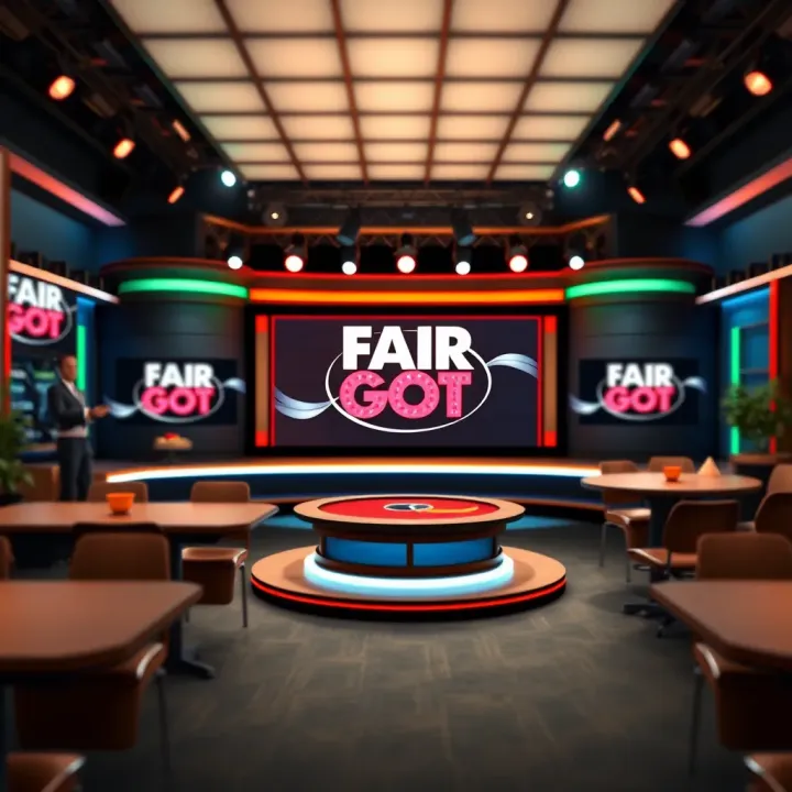 Television studio backdrop featuring Fair Go NZ branding