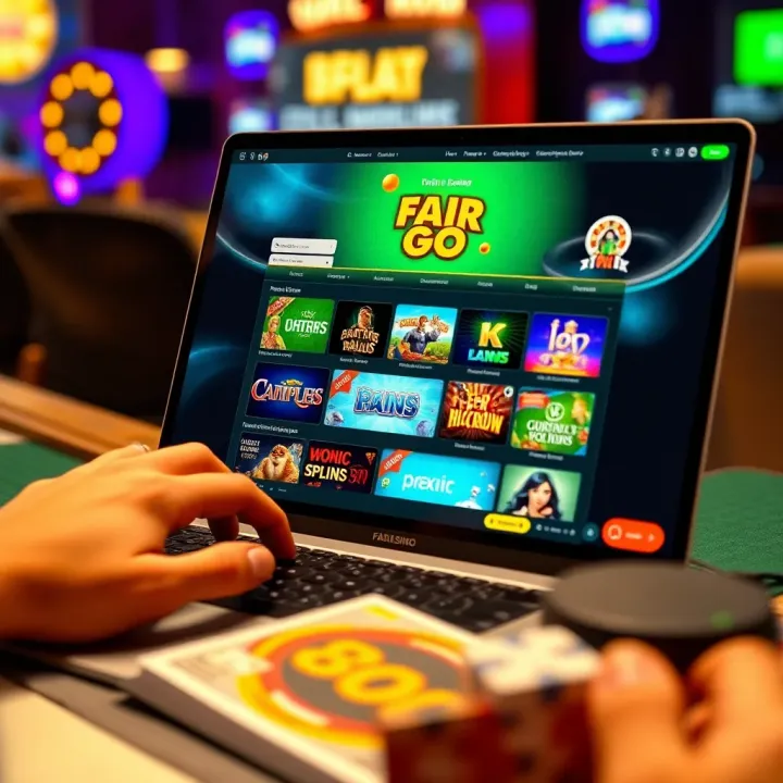 User navigating Fair Go Online Casino interface on laptop with game icons visible