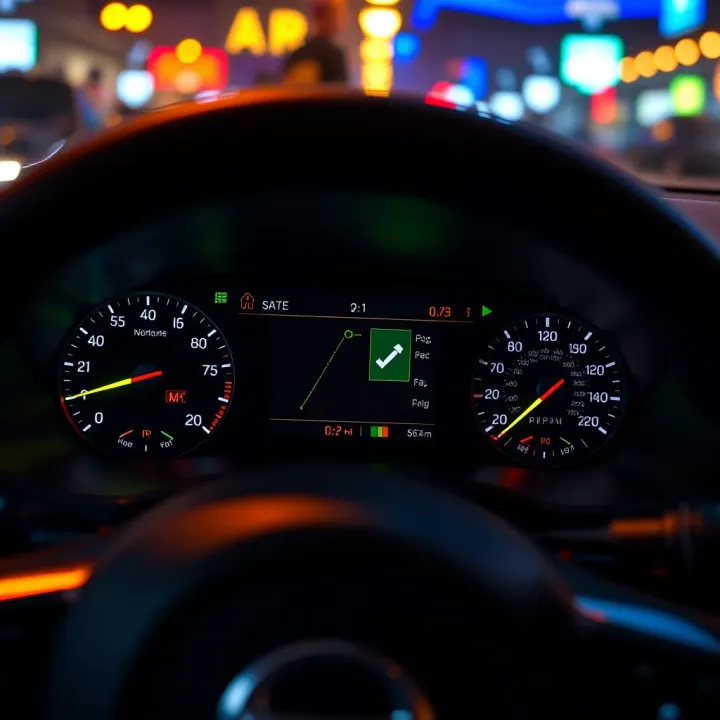 Car dashboard with a safe driving record display showing a green check mark