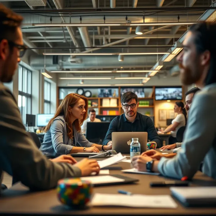 Collaborative Workplace Illustrating the Principle of Fair Opportunity Workplace setting with colleagues collaborating in an open office environment emphasizing equality