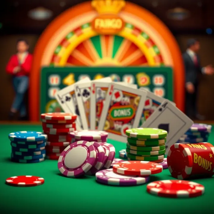 Colorful casino chips and cards representing bonus offers at FairGo Casino