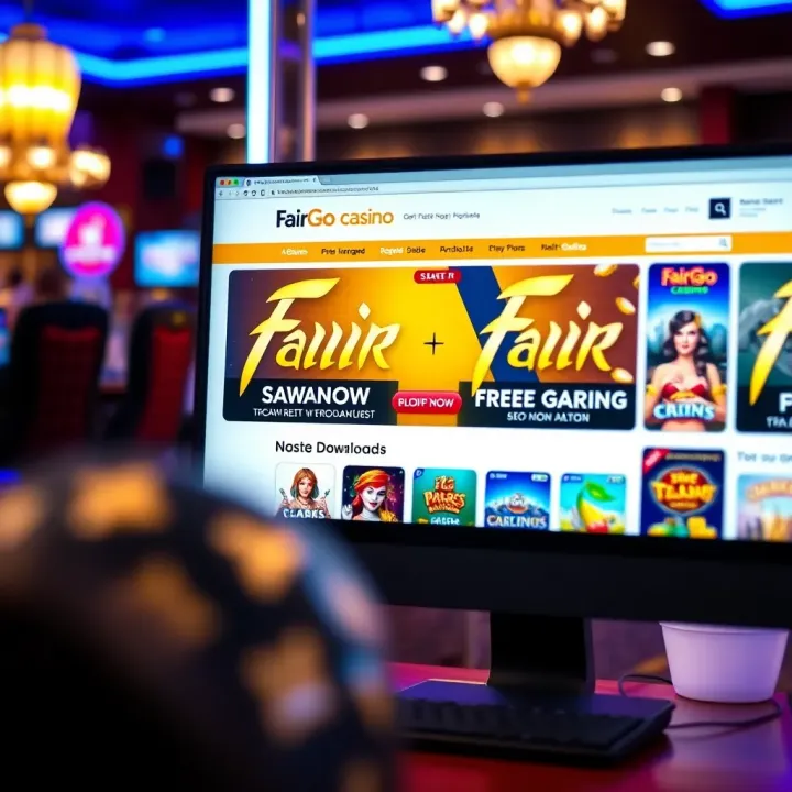 FairGo Casino Desktop Download and Platform Features Desktop computer showing FairGo Casino website with download options and promotional banners