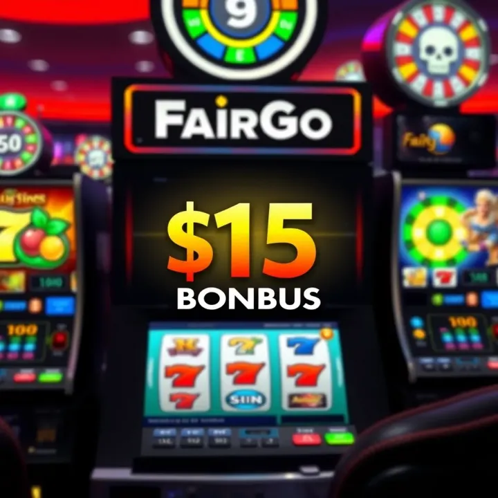 FairGo Casino Online Bonus Showcase Illustration showing a vibrant online casino interface with slot machine icons and a $15 bonus highlight
