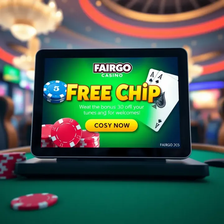 Illustration of Fairgo Casino's welcoming bonus offer on a digital screen with casino chips and cards