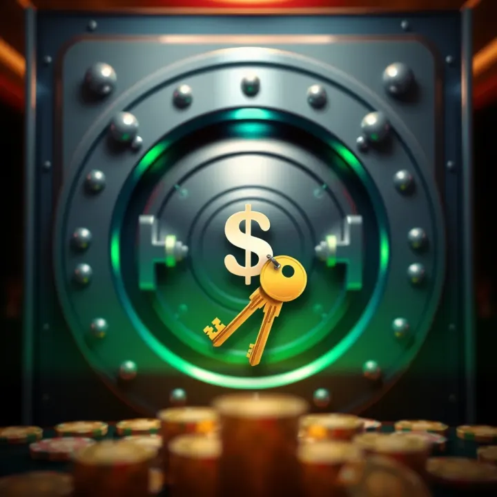 Graphic showing a secure vault door with dollar signs and key icons symbolizing safe bonus claiming