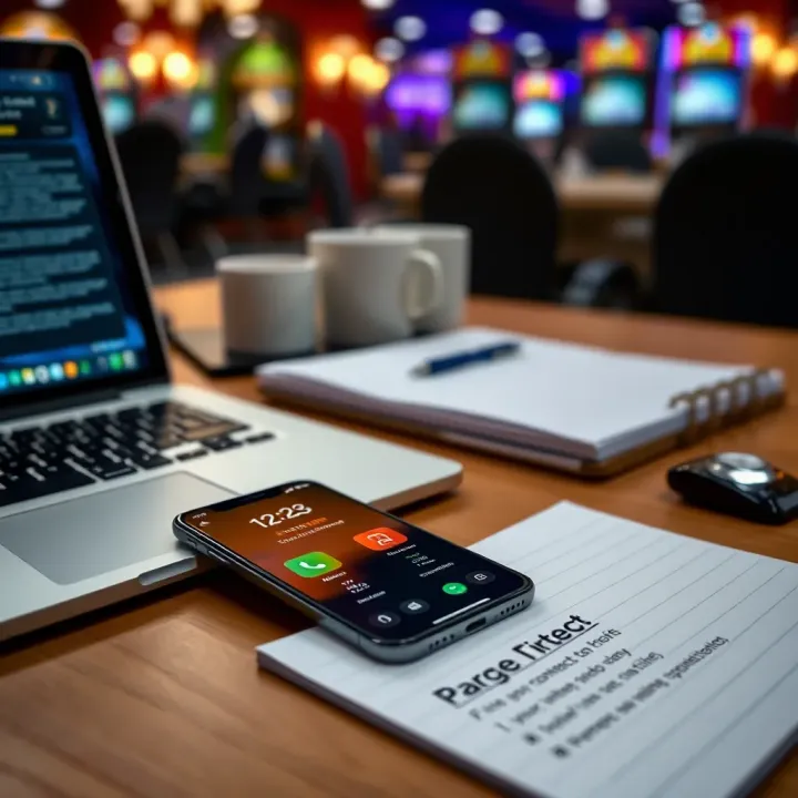 Close-up of a desk with a laptop, smartphone, and a notepad showing contact information