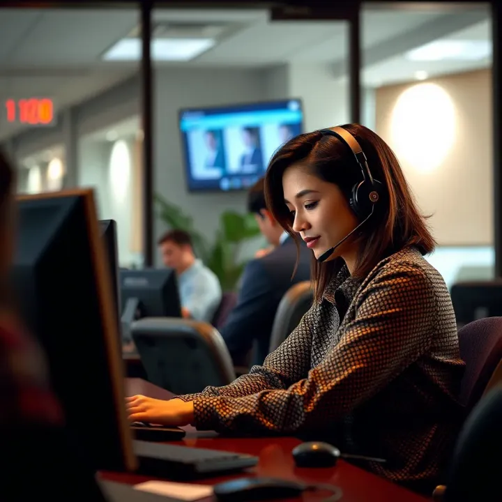 Customer service representative speaking with a client over the phone in a bright office environment