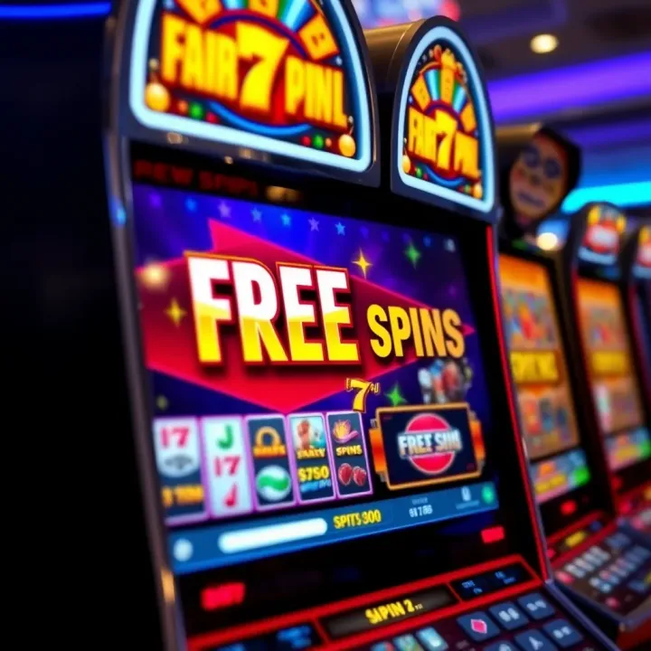 Casino slot machine displaying free spins promotion on screen