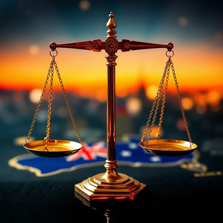 Justice Scales Reflecting Fairness in Australian Society Visual representation of justice scales balanced over Australian landmarks