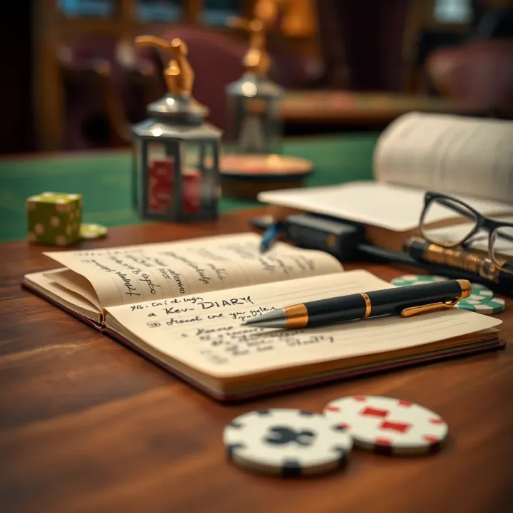 Kev's Diary Personal Gambling Insights Open diary with handwritten notes and a pen resting on a wooden table, symbolizing personal gambling experiences